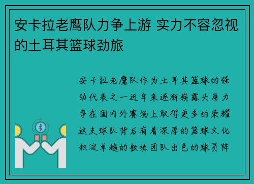 安卡拉老鹰队力争上游 实力不容忽视的土耳其篮球劲旅