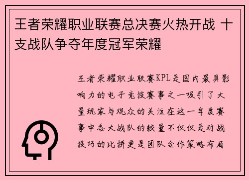 王者荣耀职业联赛总决赛火热开战 十支战队争夺年度冠军荣耀