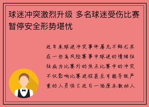球迷冲突激烈升级 多名球迷受伤比赛暂停安全形势堪忧