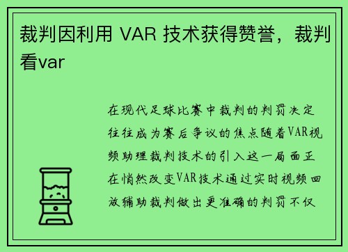 裁判因利用 VAR 技术获得赞誉，裁判看var