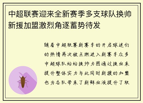 中超联赛迎来全新赛季多支球队换帅新援加盟激烈角逐蓄势待发